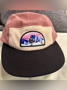 Rachel Pohl Cozy Fleece 5-Panel Hat with Winter Cabin Patch - Pink/Cream/Black